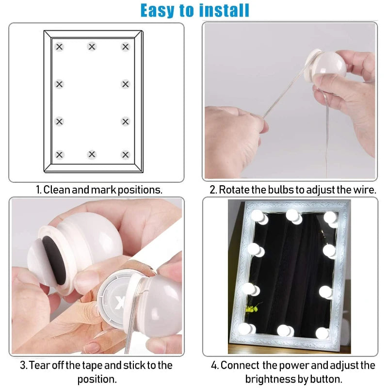 Digitaling LED vanity mirror lights with dimmable 12V USB makeup bulbs, shown installed around a mirror for even, bright illumination.