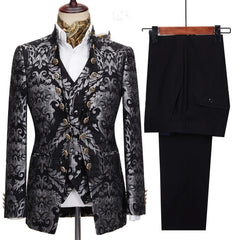 Floral Jacquard Men's Suit For Wedding Groom Tuxedo Stand Collar Formal Party Male Dress Blazer Pants Vest 3 Piece Costume Homme SHOWLU FASHION STORE