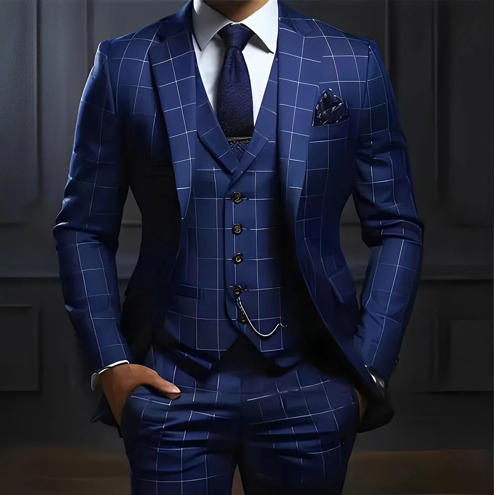 Showlu men's 3-piece plaid suit featuring slim fit design, formal wedding tuxedo with jacket, vest, and trousers.