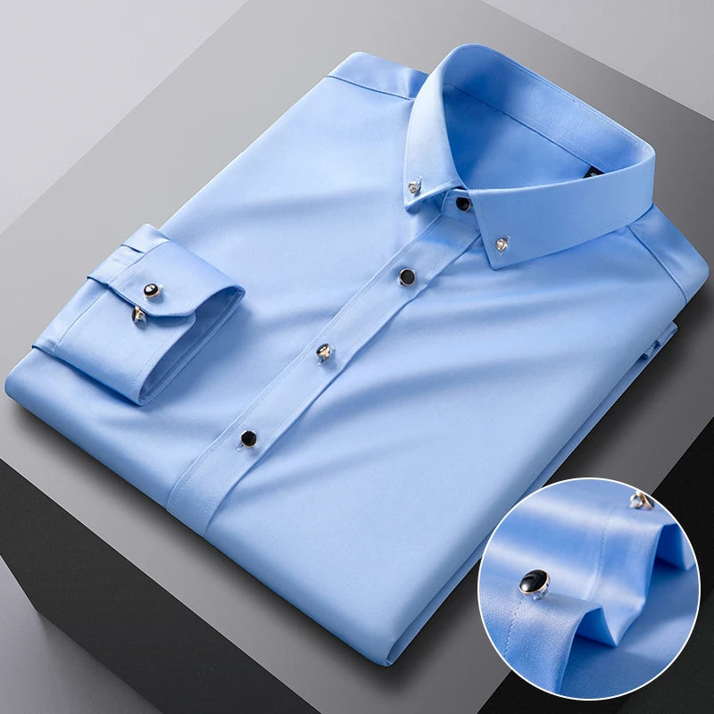 Elegant men's long sleeve silk-feel dress shirt with stretch fabric and diamond buttons, ideal for formal occasions and parties.