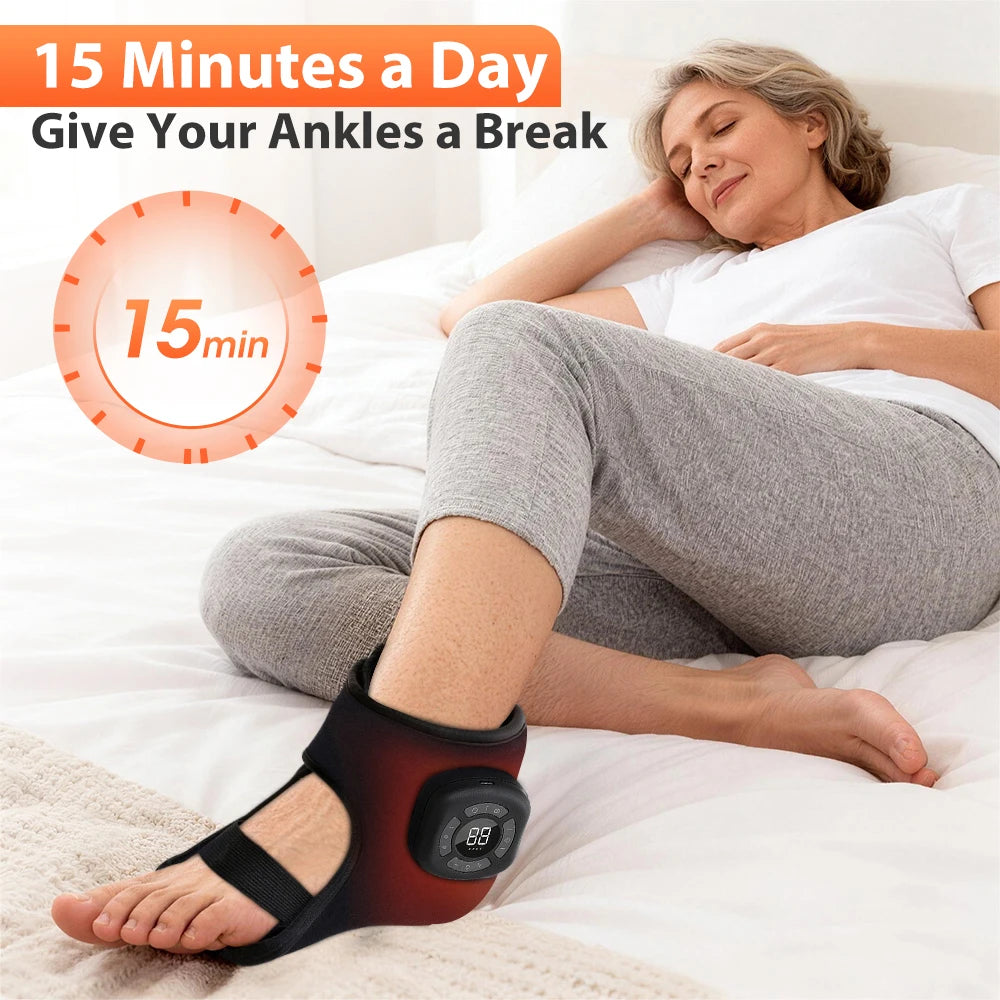 Electric foot and ankle airbag massager with heating, compression, vibration, and support wrap for soothing foot relief.