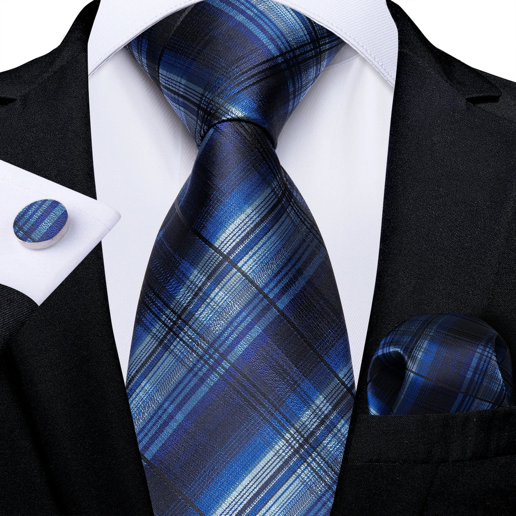 New Classic 100% Silk Men's Ties 8cm Blue Plaid Dot Striped Business Necktie Handkerchief Wedding Party Tie Set Gravatas DiBanGu