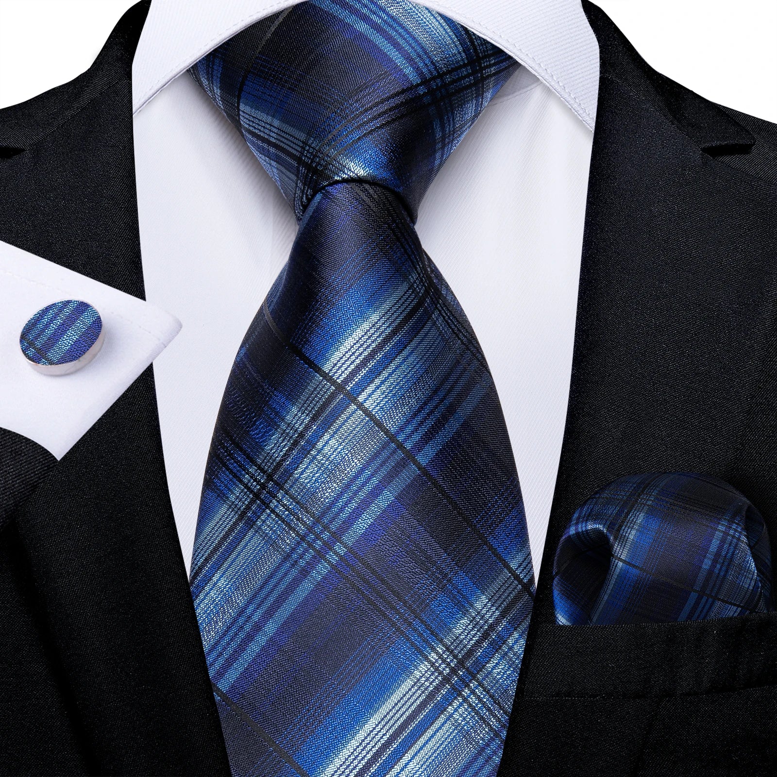 New Classic 100% Silk Men's Ties 8cm Blue Plaid Dot Striped Business Necktie Handkerchief Wedding Party Tie Set Gravatas DiBanGu