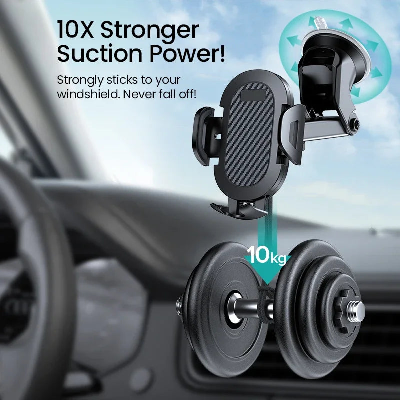 Universal AUFU Gravity Sucker Car Phone Holder mounted on windshield for secure, hands-free smartphone use while driving.