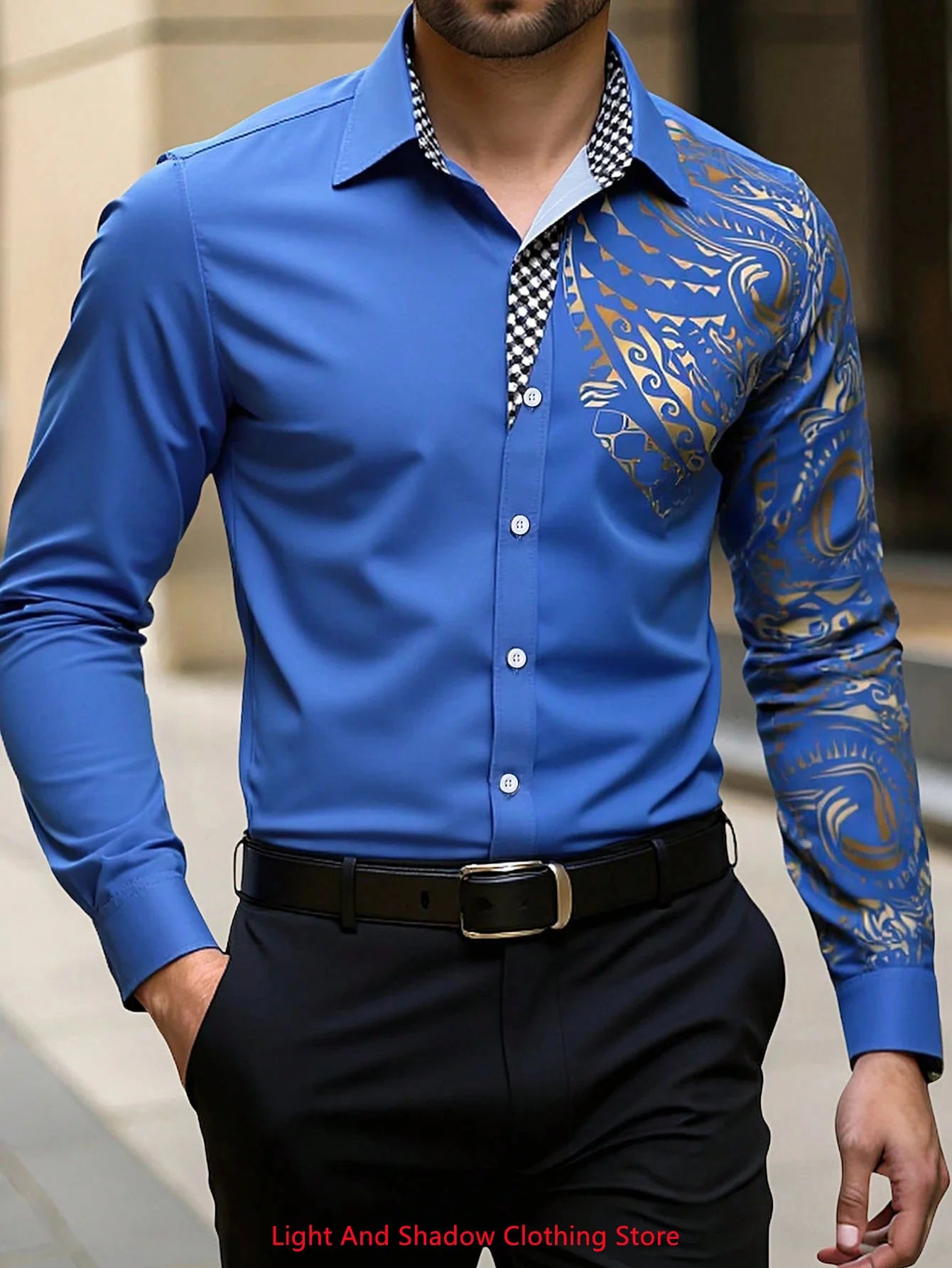 Men's fashionable business casual long-sleeved shirt with printed collar, comfortable fit, suitable for social events and parties.