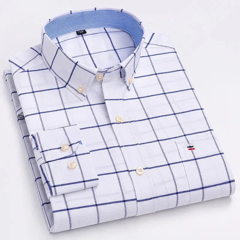 Men's long sleeve plaid cotton casual dress shirt in solid color, regular fit, oversized 6XL from Showlu Fashion.