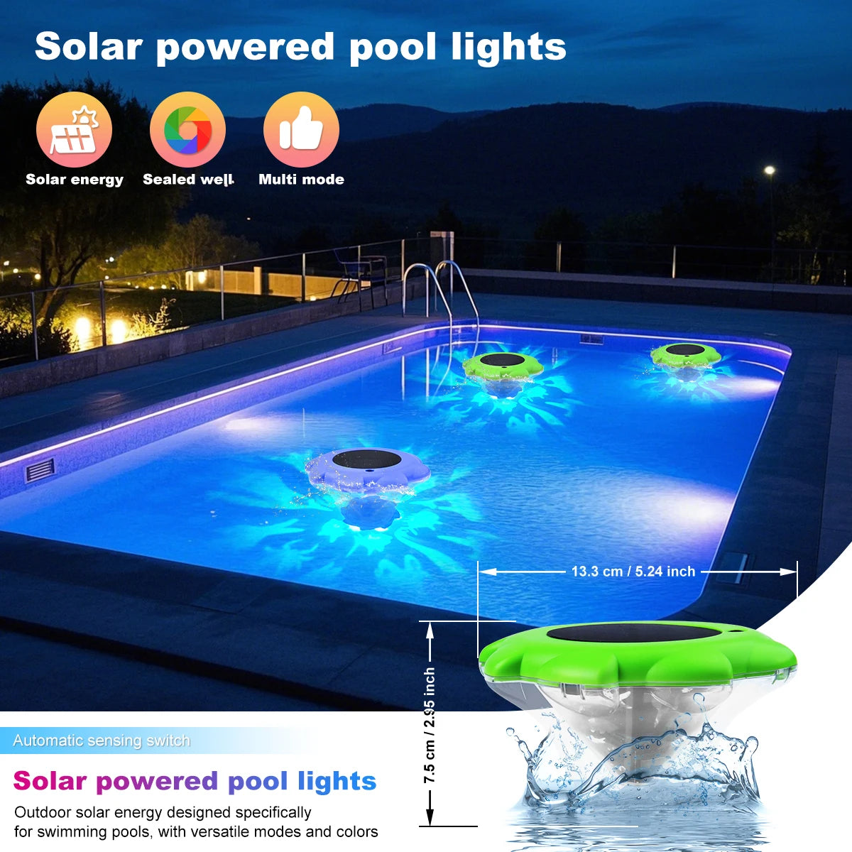 Showlu Smart RGB waterproof solar floating pool light illuminating a pool with colorful LED light in a garden setting.