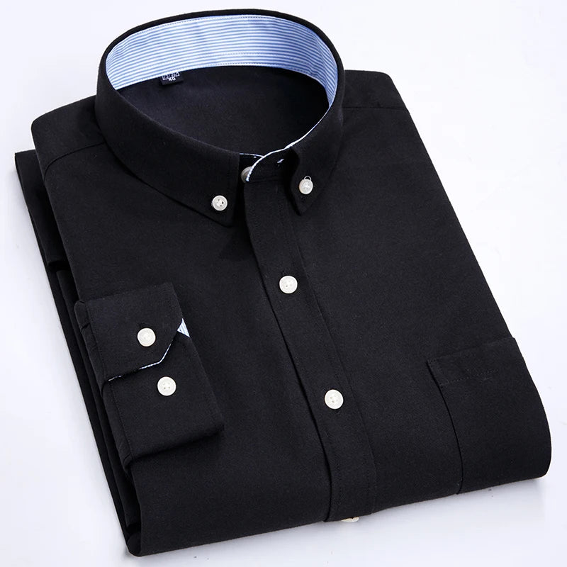 Showlu men's slim fit Oxford shirt with long sleeves, non-iron casual top in classic blue fabric, ideal for everyday wear.
