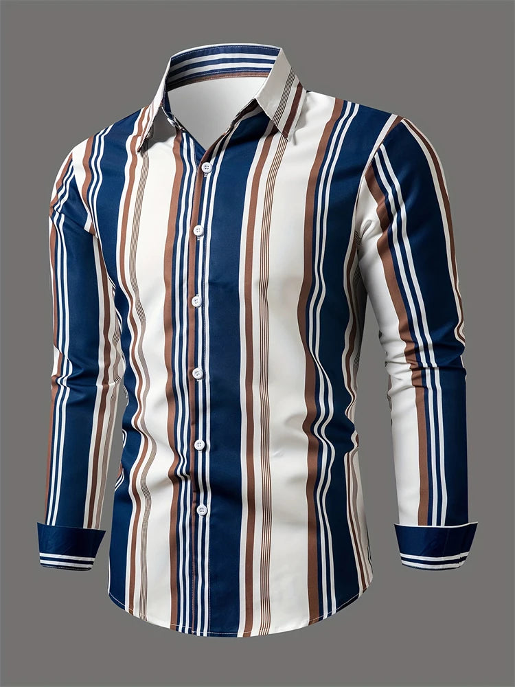 Men's long sleeve shirt with square stripe 3D print, casual autumn button-down animal pattern, Showlu Fashion.