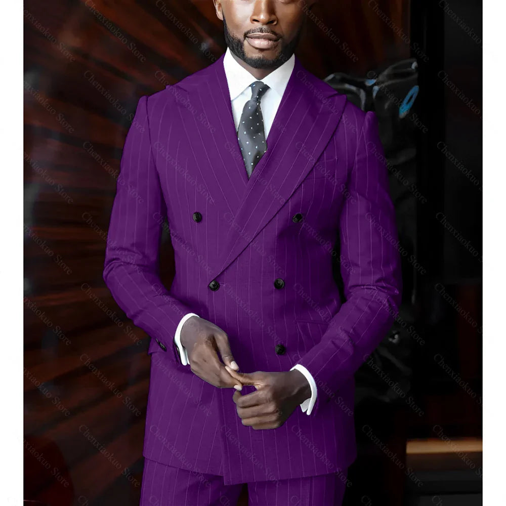 Men's blue pinstripe suit by SHOWLU FASHION, double-breasted, slim fit 2-piece suit with tailored lapels and classic styling.