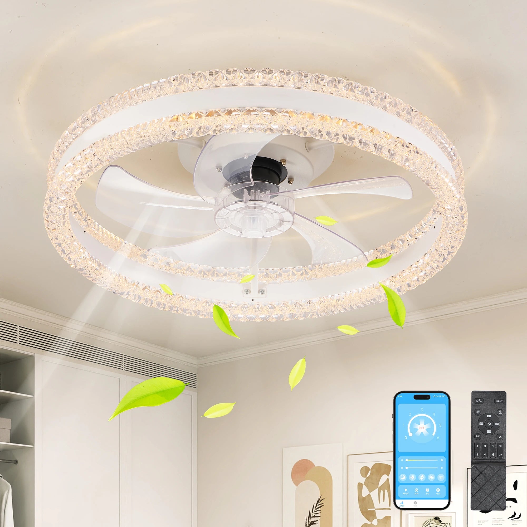 Modern 20-inch LED ceiling fan with light in white finish, flush mount design by Showlu Fashion Store
