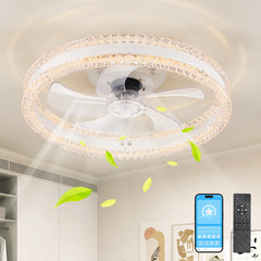 A modern white double-ring LED ceiling fan with a central clear blade assembly.