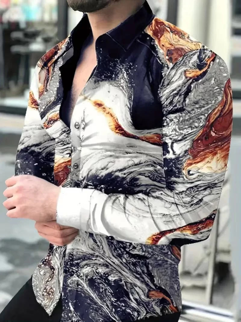 Men's slim fit silk shirt with iris flower 3D print by Showlu Fashion, long sleeve design, stylish and vibrant.