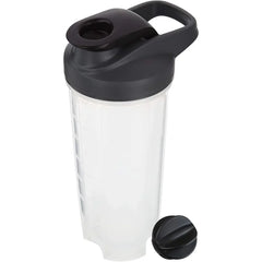 A clear 28 oz shaker bottle with a black lid, handle, and a separate ball blender whisk.