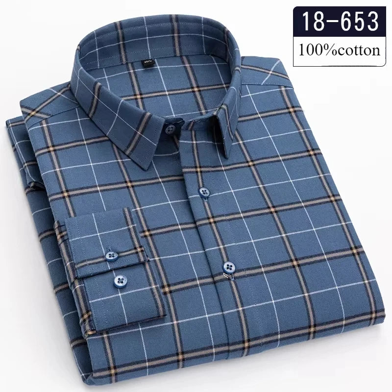 Men's slim fit brushed cotton long-sleeve plaid shirt with striped pattern, soft casual and formal designer shirt by Showlu Fashion Store