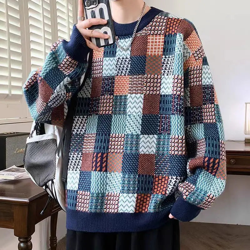 Plus size men's thick knit hoodie with long sleeves, casual streetwear style, loose fit, designer hippie grunge pullover by Showlu Fashion