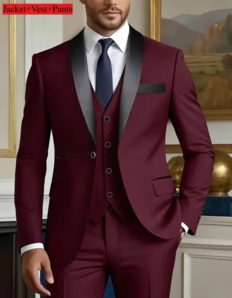 Elegant men's black slim fit tuxedo suit set for weddings and formal occasions, featuring classic lapel design and tailored fit.