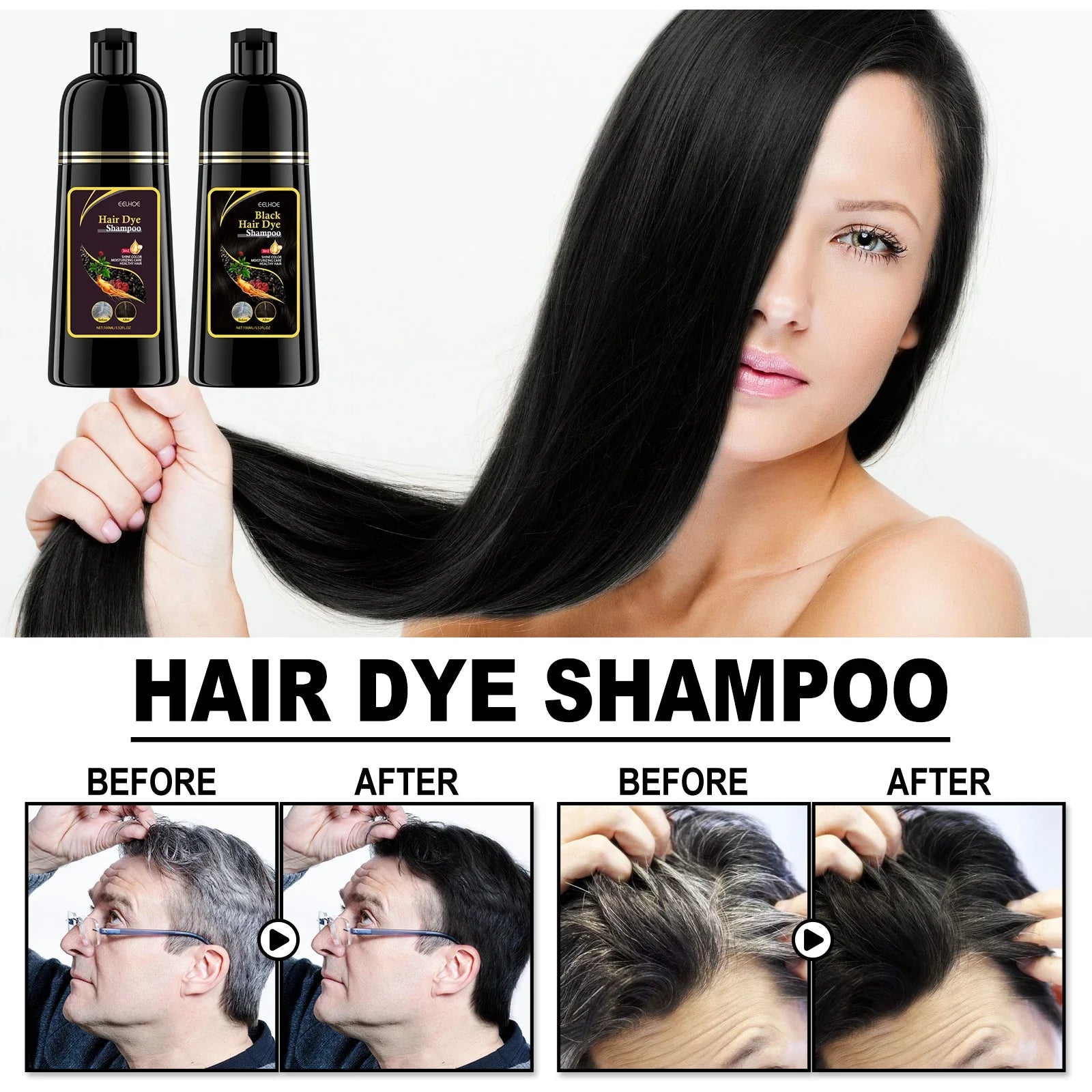 EELHOE 3-in-1 natural plant hair dye shampoo bottle for grey coverage, 100ml, showing the product with label and packaging.