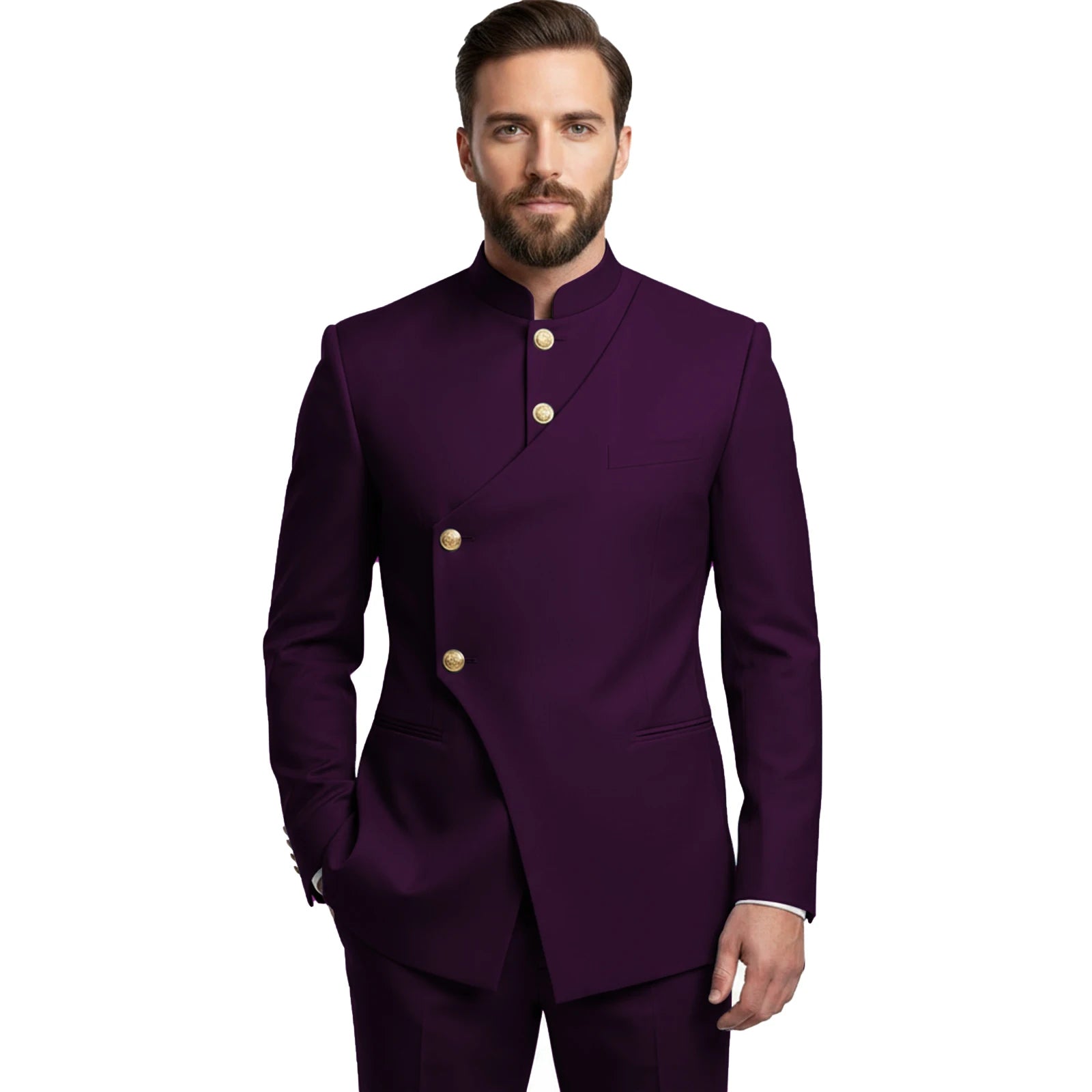 Chinese Suit Men 2 Piece Tunic Suits Slim Fit Safari Suits for Men Mandarin Collar Suit Blazer Pants Set