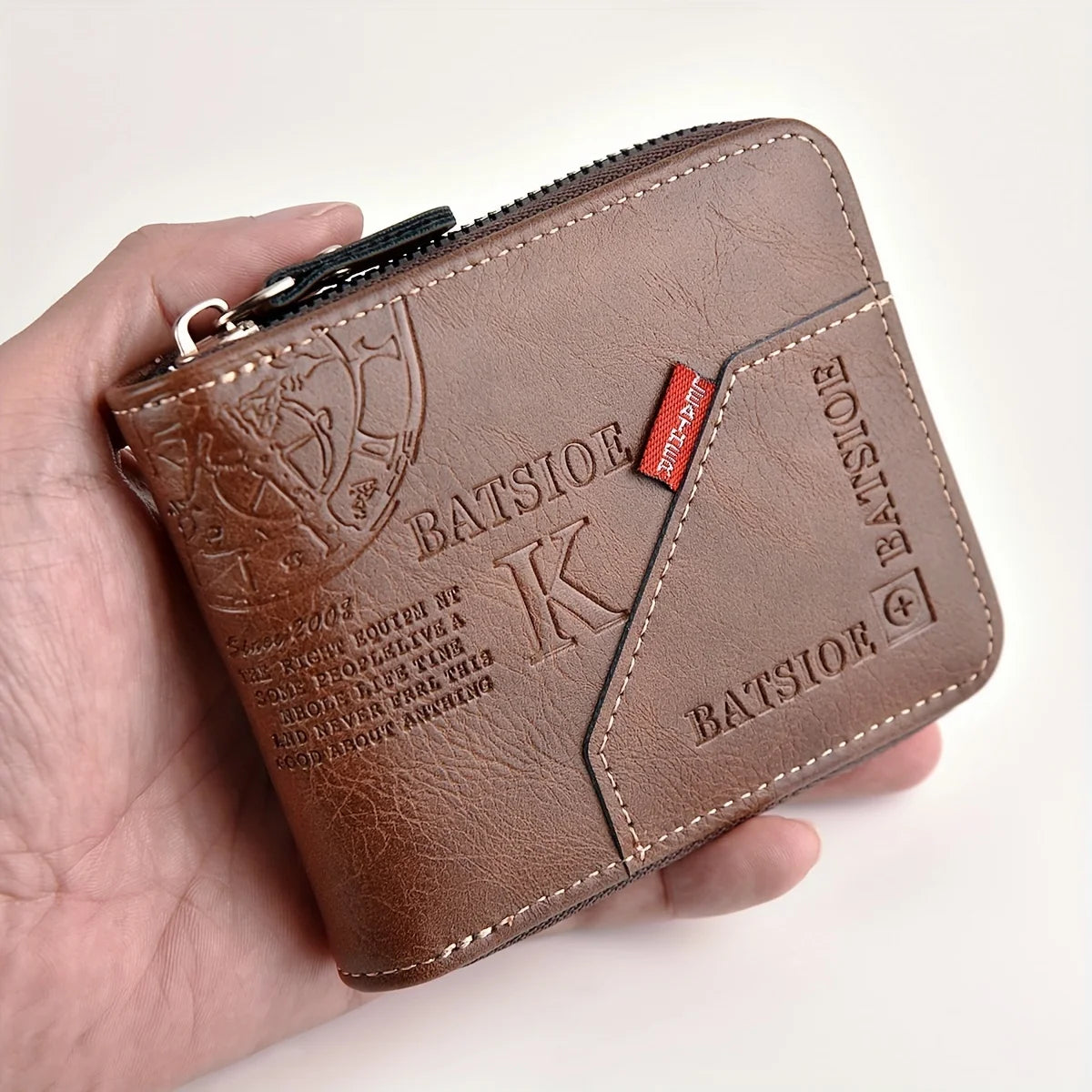 Men's PU wax oil leather wallet with zipper, coin purse, and card holder for men, featuring a compact, stylish design.