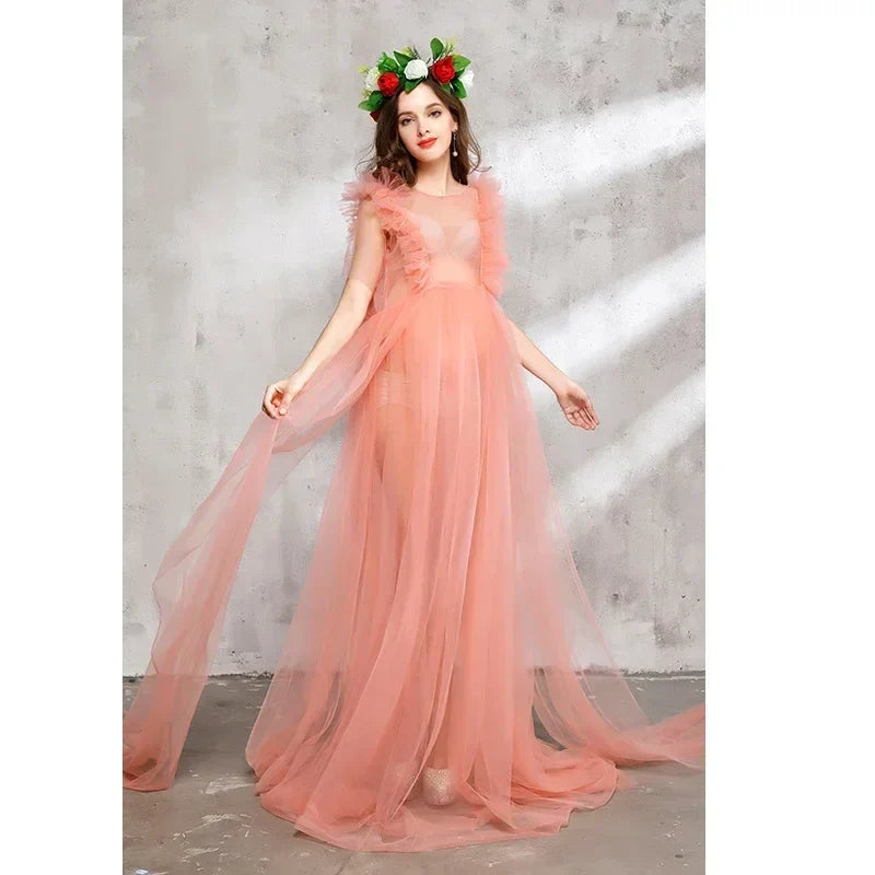 Champagne lace maternity maxi dress by Showlu Fashion for photoshoots, featuring elegant flowing fabric and delicate lace details.