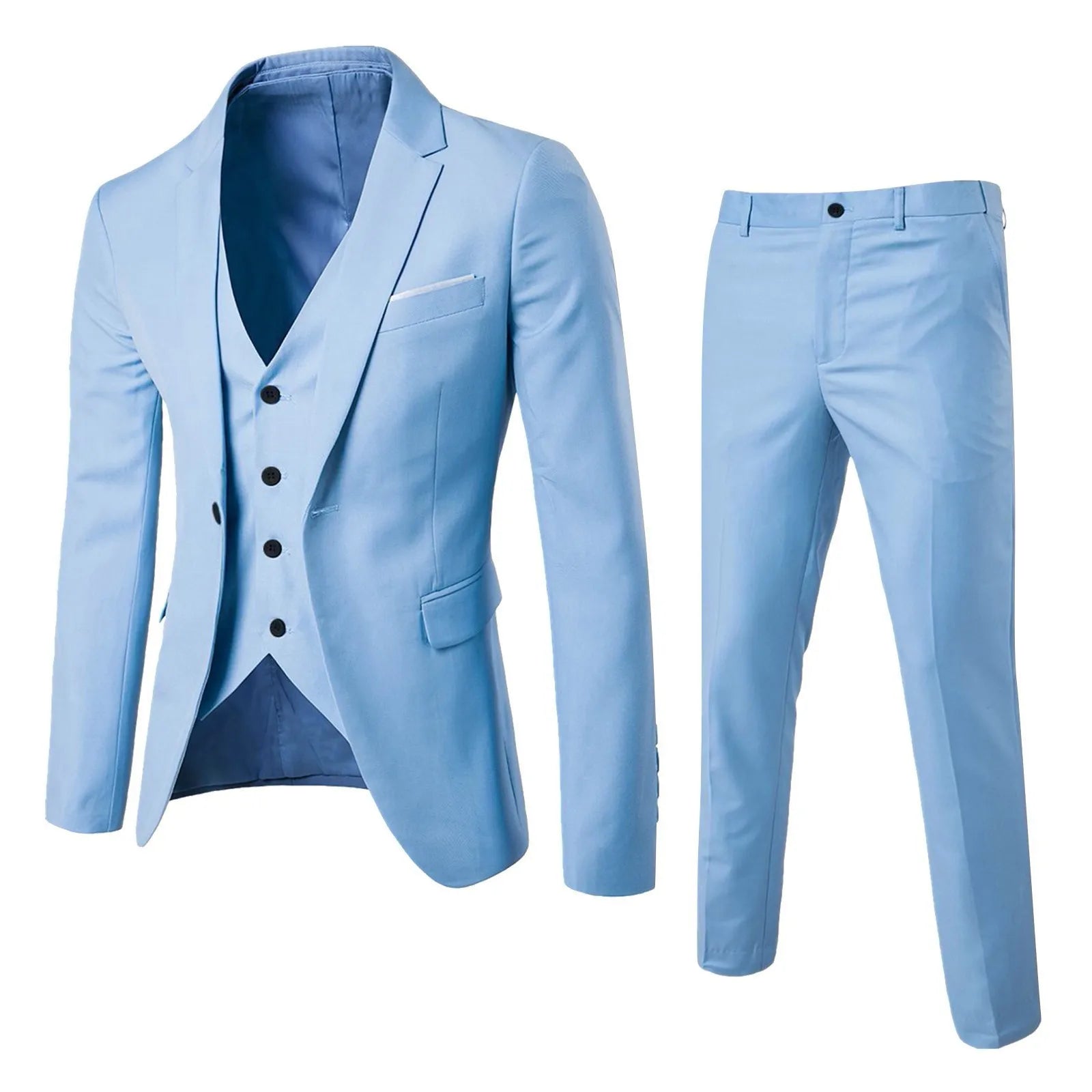 Showlu men's 3-piece slim fit business suit in solid cotton blend, featuring jacket, vest, and trousers displayed on a hanger.