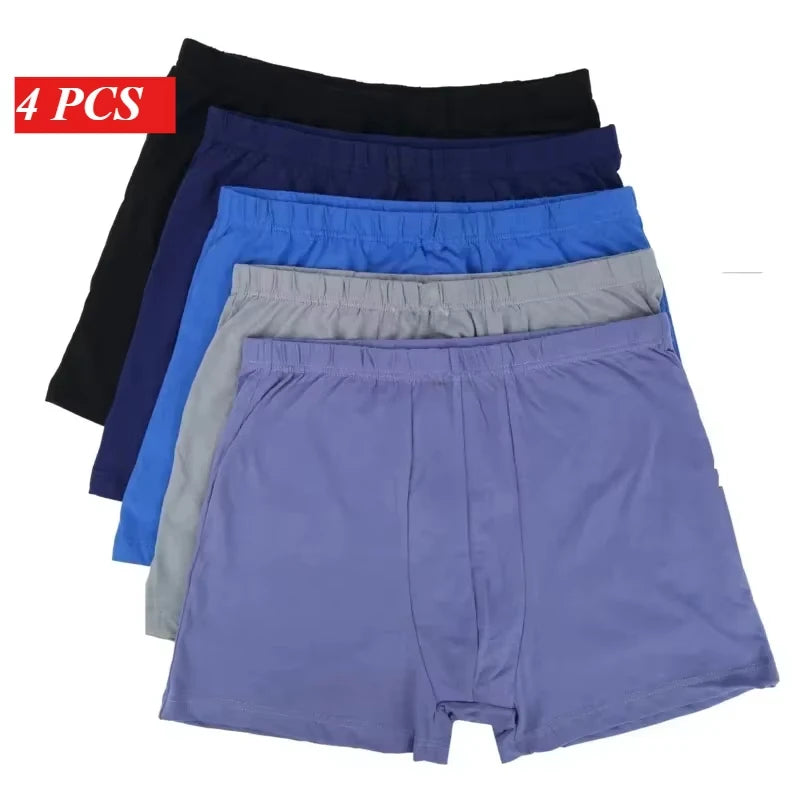 Showlu men's 100% cotton boxer briefs in plus size 8XL-10XL, loose fit, 4-pack, laid flat showing waistband and fabric texture.