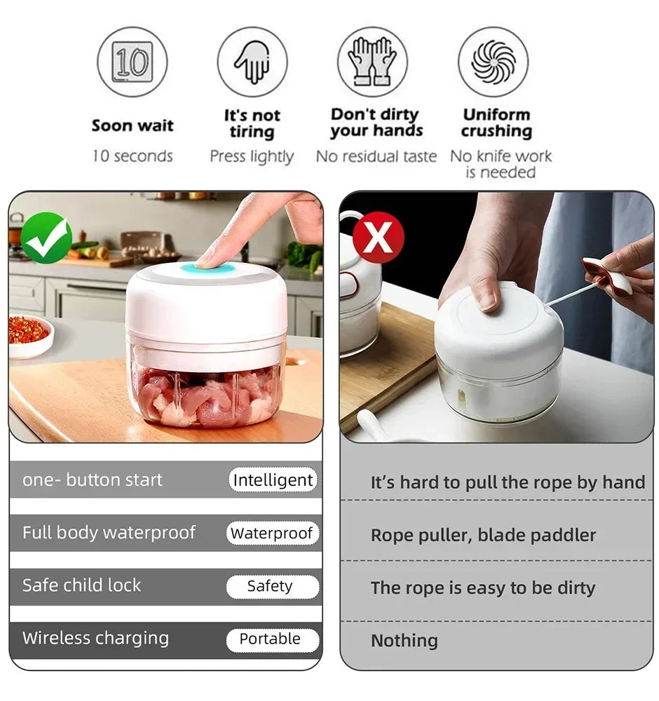 Showlu Smart General mini electric garlic grinder with stainless steel body and transparent lid, ready to chop garlic efficiently.