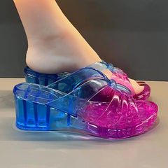 Women's Sandals High Heel Sandals Summer  Jelly Shoes Flat Slippers Home Flip-Flops Outdoor Retro Sandals Transparent Slippers