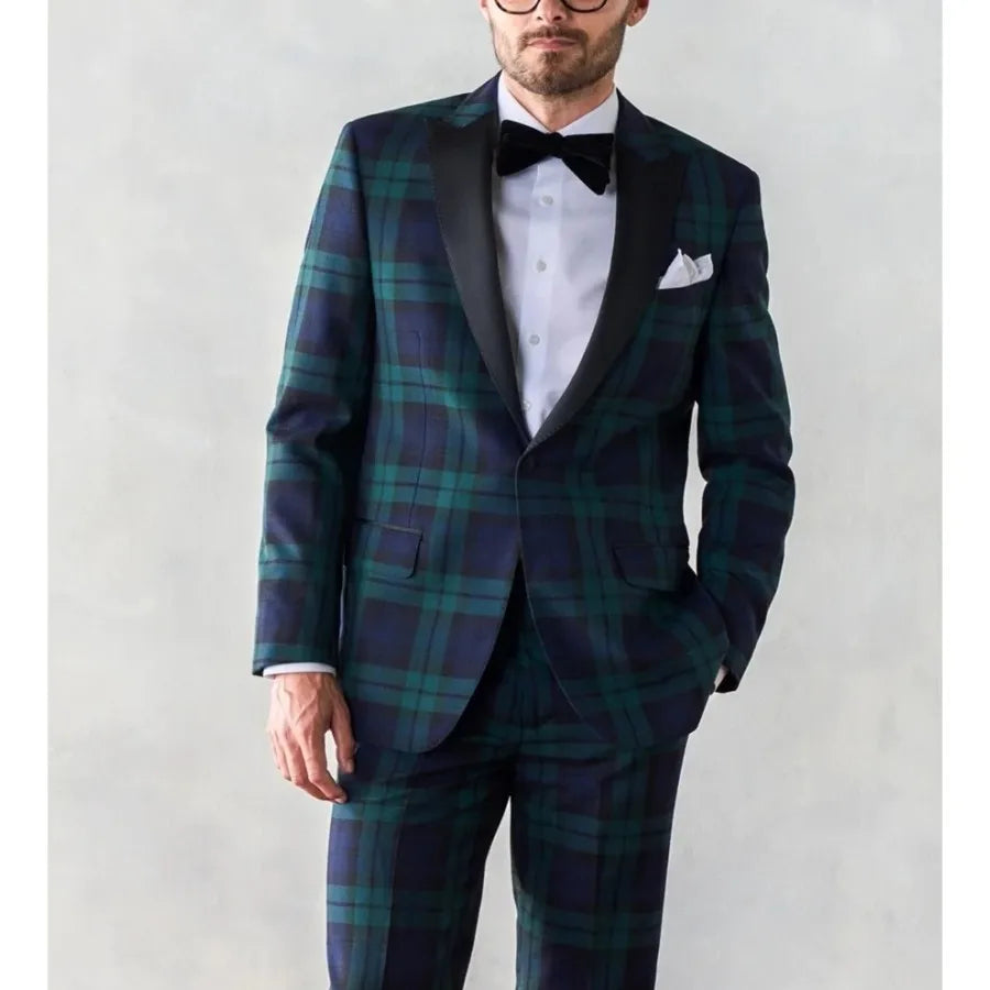 Men's green plaid slim fit tuxedo jacket and trousers, formal wedding suit by Showlu Fashion Store, stylish and tailored.
