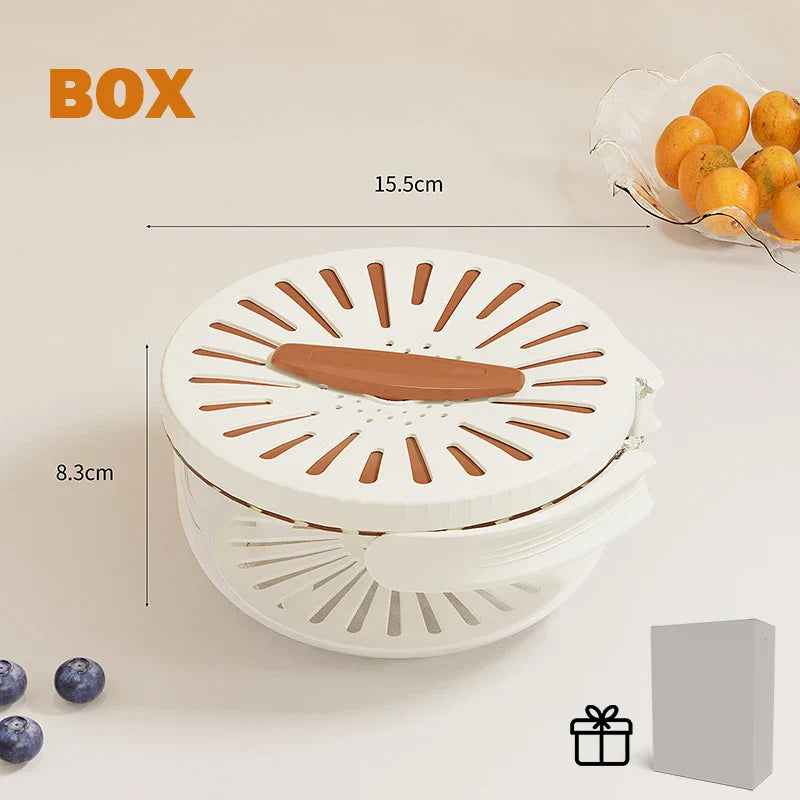 Showlu 2-in-1 fruit and vegetable washing basket with lid drainer, featuring a mesh basin and secure lid for rinsing and draining produce.