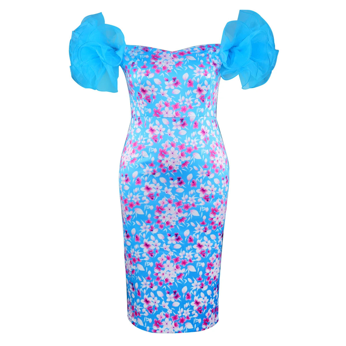 AOMEI women's tulle flower print midi dress with puff sleeves, retro style, perfect for parties and special occasions.