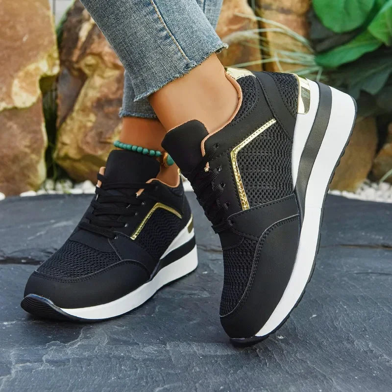 Women's Showlu Fashion sneakers with rhinestones, thick sole, lace-up design, casual style, non-slip for running and daily wear