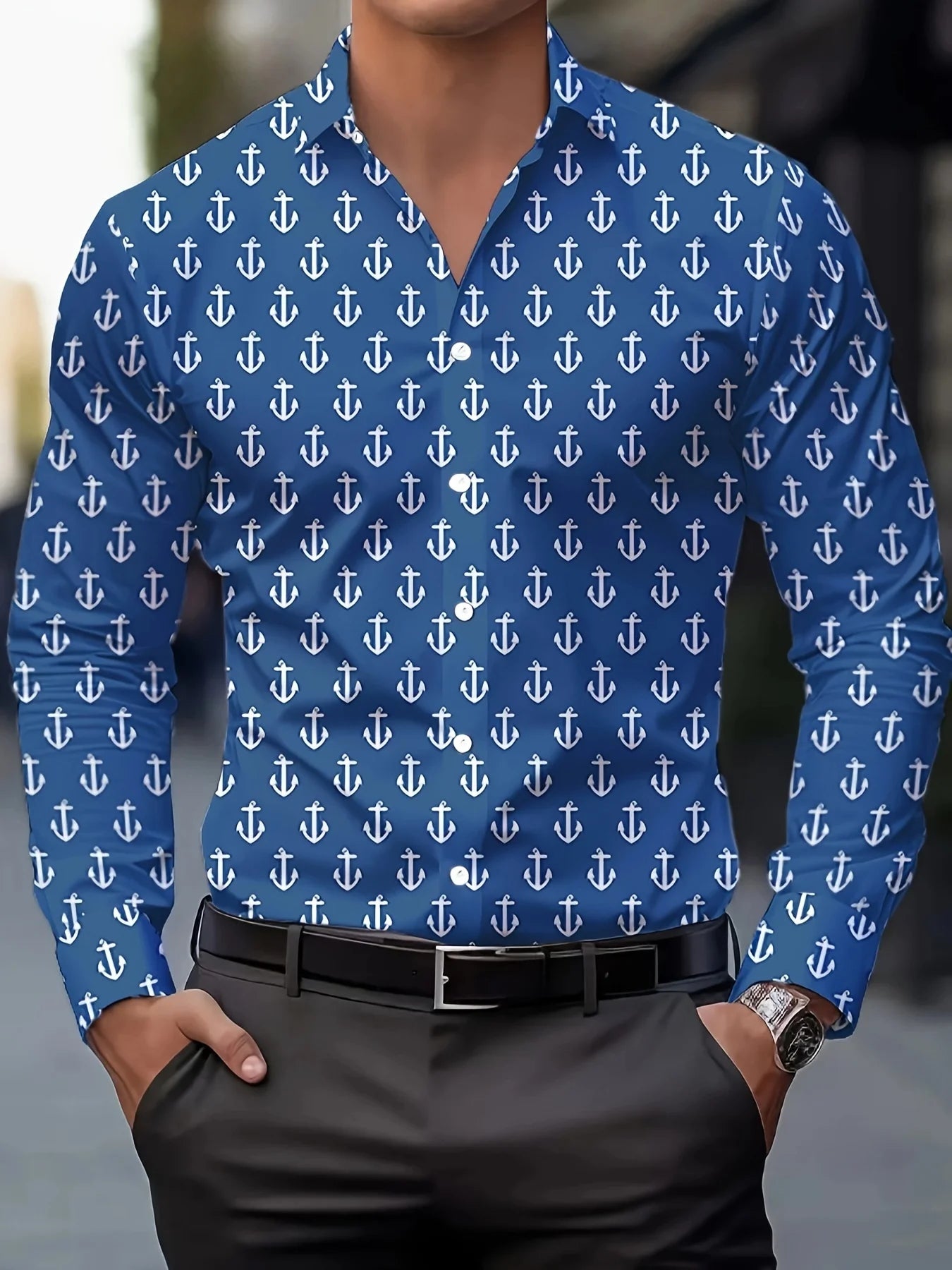 Men's stylish casual long sleeve shirt by Showlu Fashion, breathable fabric, gradient design, turn-down collar, perfect for business or casual wear.