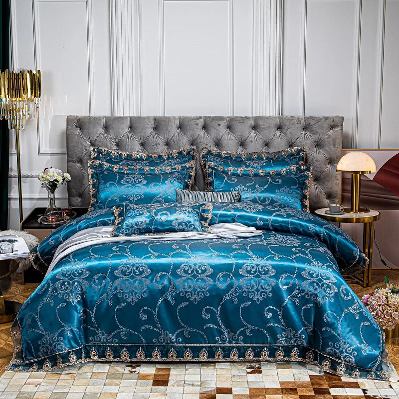 Luxury Euro Gold Satin Jacquard Lace Bedding Set Soft Silky Single Queen King Double Duvet Cover Set Bed Sheet Set Pillowcases
