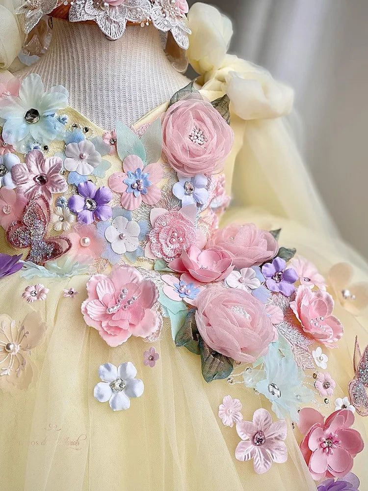 Baby girl dress with embroidery, large bow, and flower details, perfect for Halloween, wedding, or special occasions.