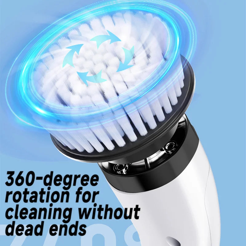 Showlu Smart General cordless electric spin scrubber with 7-in-1 cleaning brush, shown in use on bathroom tiles.