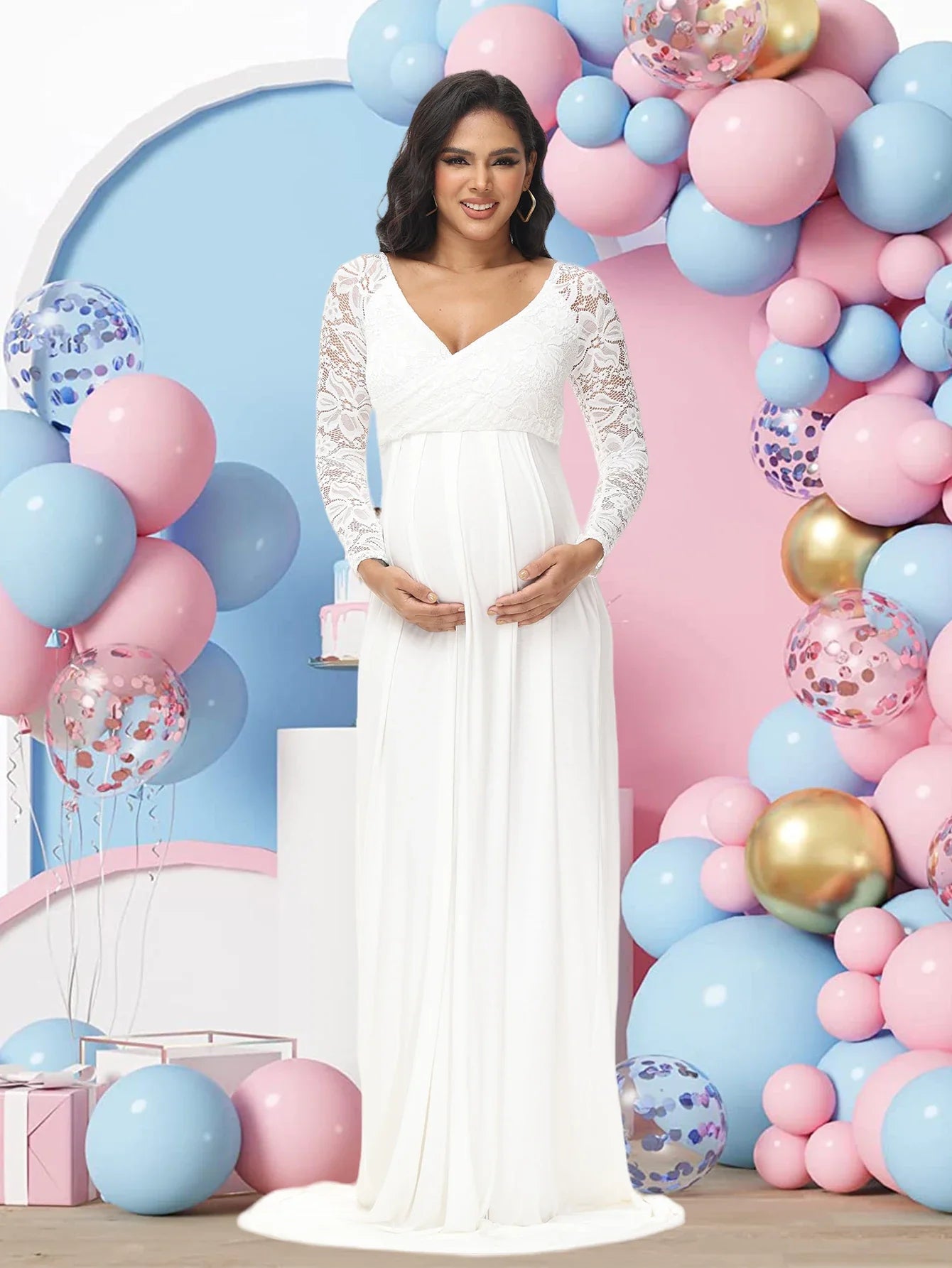 Elegant SHOWLU V-Neck Lace Maternity Photography Gown in chiffon, featuring a flowing maxi dress with delicate lace details.