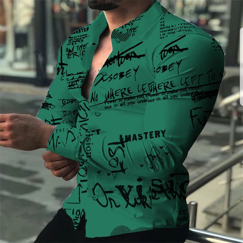 Men's 7-color long-sleeved Hawaiian shirt with 3D letter pattern in loose fit, size 6XL, featuring vibrant spring design.