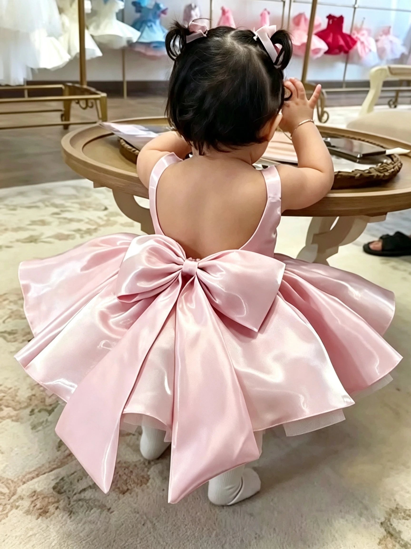 Baby Girl Satin Flower Girl Dress Low Back Thin Straps Bow Luxury Princess Gown Toddler 1st Birthday Baptism Wedding Party Dress