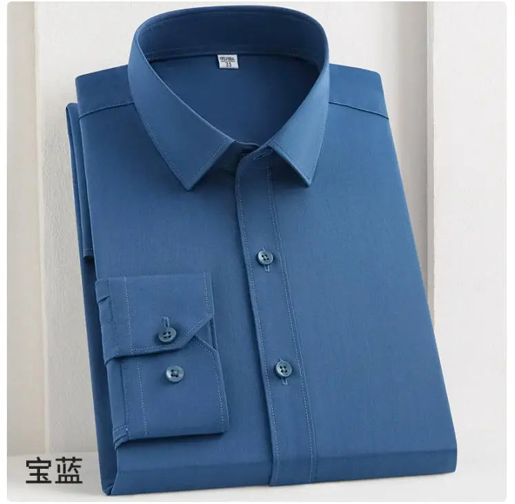 White bamboo fiber men's long sleeve dress shirt from Showlu Fashion, featuring a professional fit, soft fabric, and stretch-free comfort.