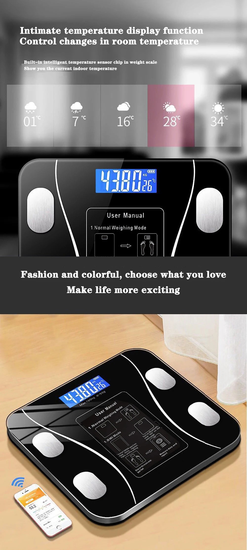 Showlu Smart digital glass bathroom weight scale displaying measurement in kilograms, with a sleek, modern design and digital display.