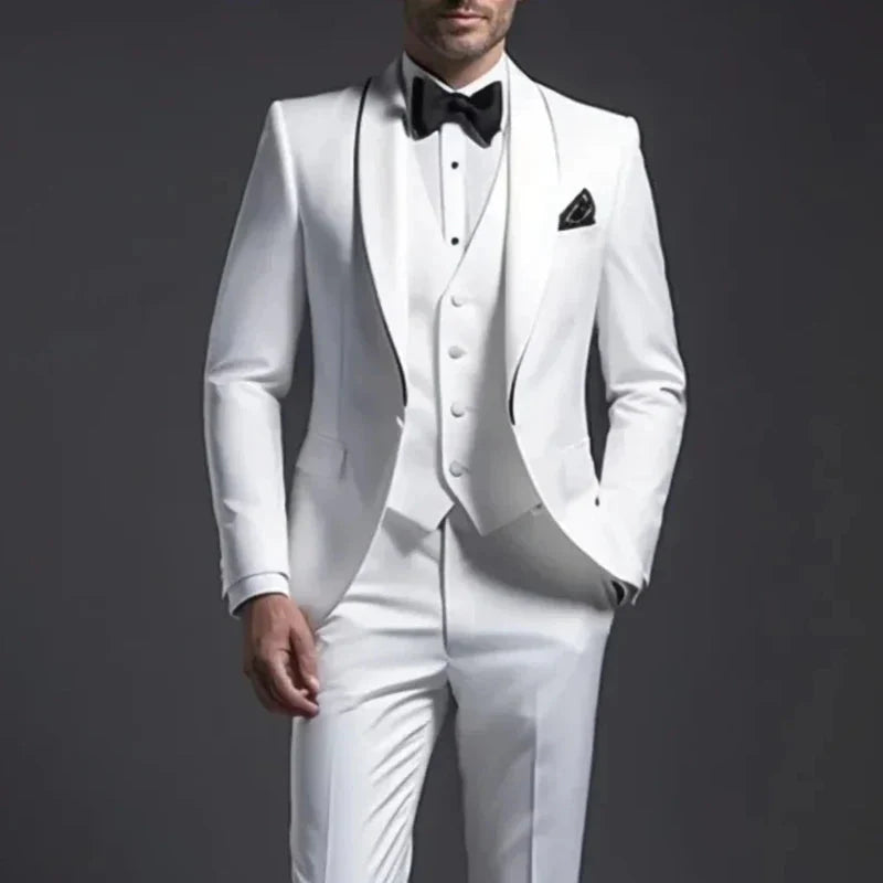 White Tunetak 3-piece slim fit wedding tuxedo with shawl lapel, men's formal suit, tailored for elegant occasions.