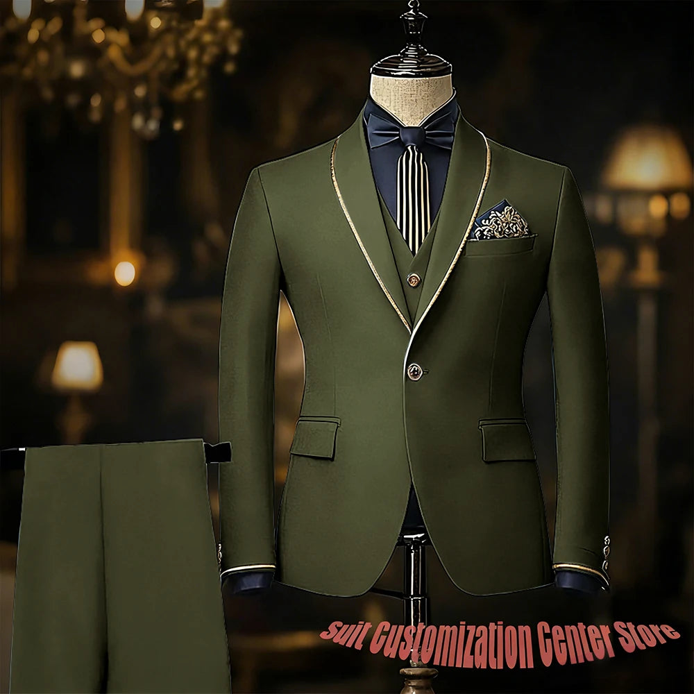 Navy blue men's slim fit wedding tuxedo with jacket, vest, and pants featuring shawl lapel, perfect for groom or prom occasions.