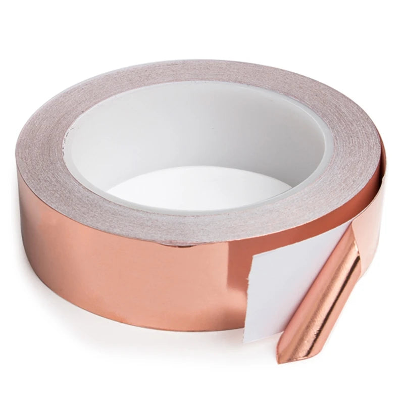 Copper tape with adhesive backing for EMI shielding, electrical repair, stained glass, and paper circuits.