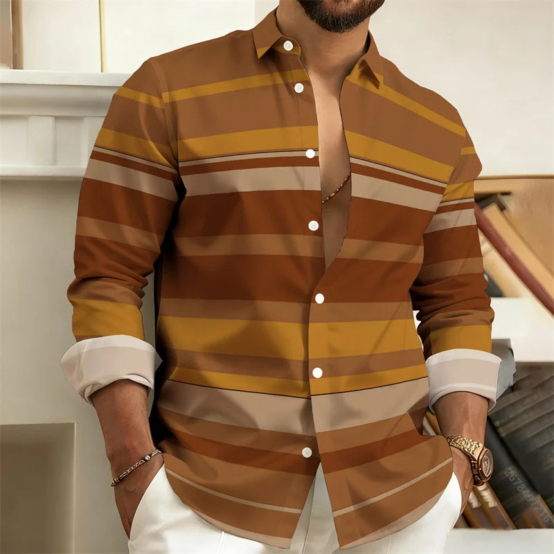 Men's striped long-sleeved casual shirt with lapel, outdoor street style, comfortable fabric, by Showlu Fashion Store.