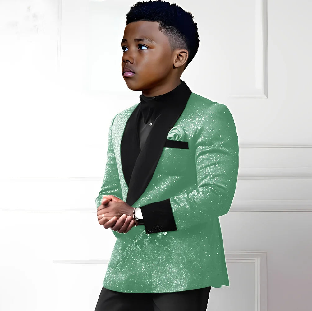 Sequin boys' 2-piece suit with double-breasted blazer and pants, perfect for weddings and formal events, ages 2-16.