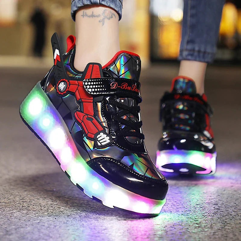 Children's flashing roller skates from Showlu Fashion with light-up outdoor sneakers featuring colorful illuminated wheels.