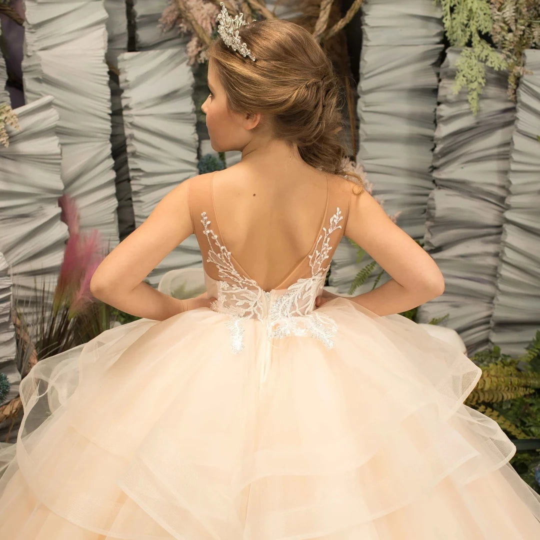 Light champagne flower girl dress by Gdybao with tulle tiered ball gown design, perfect for weddings and special occasions.