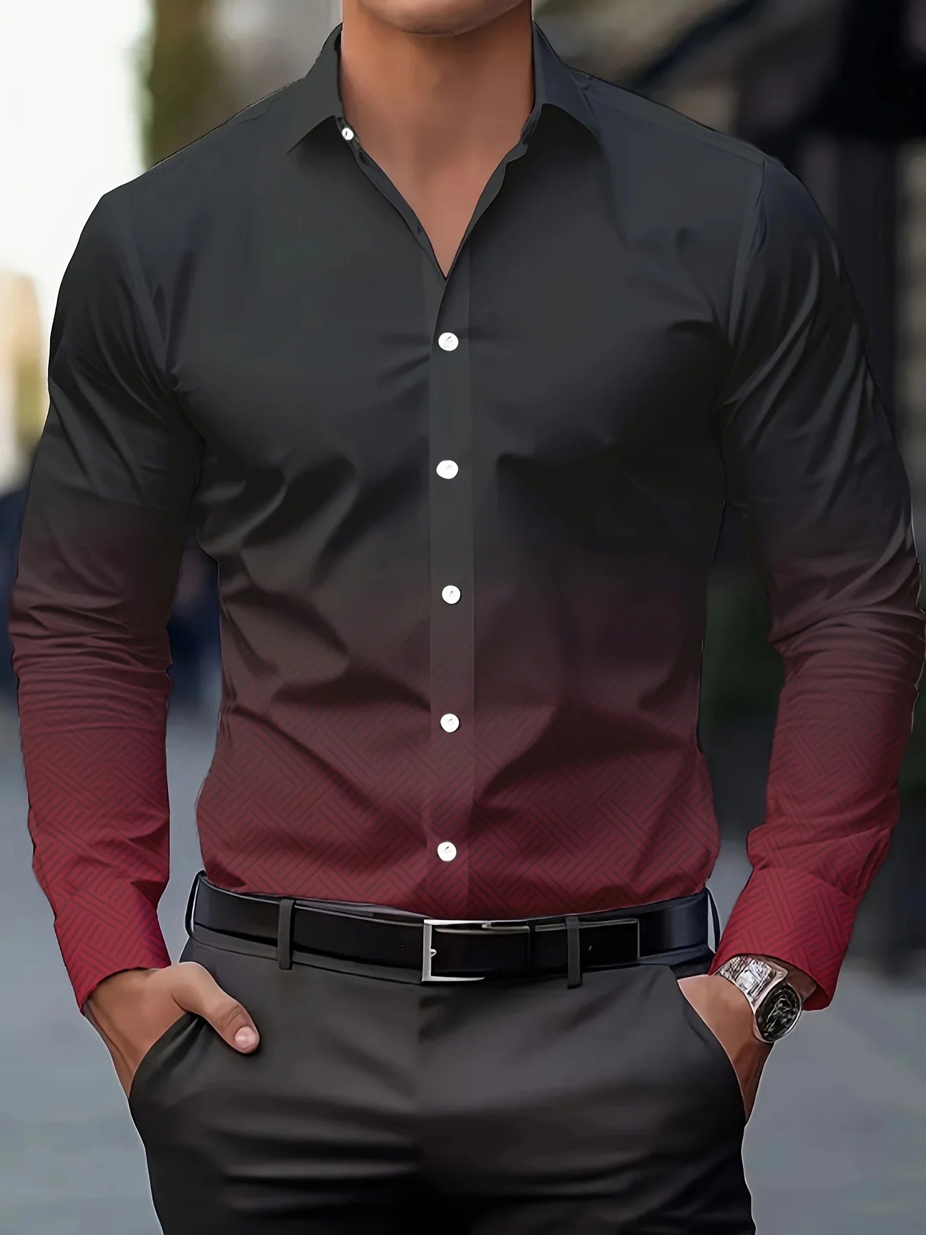 Men's stylish casual long sleeve shirt by Showlu Fashion, breathable fabric, gradient design, turn-down collar, full sleeve business top.